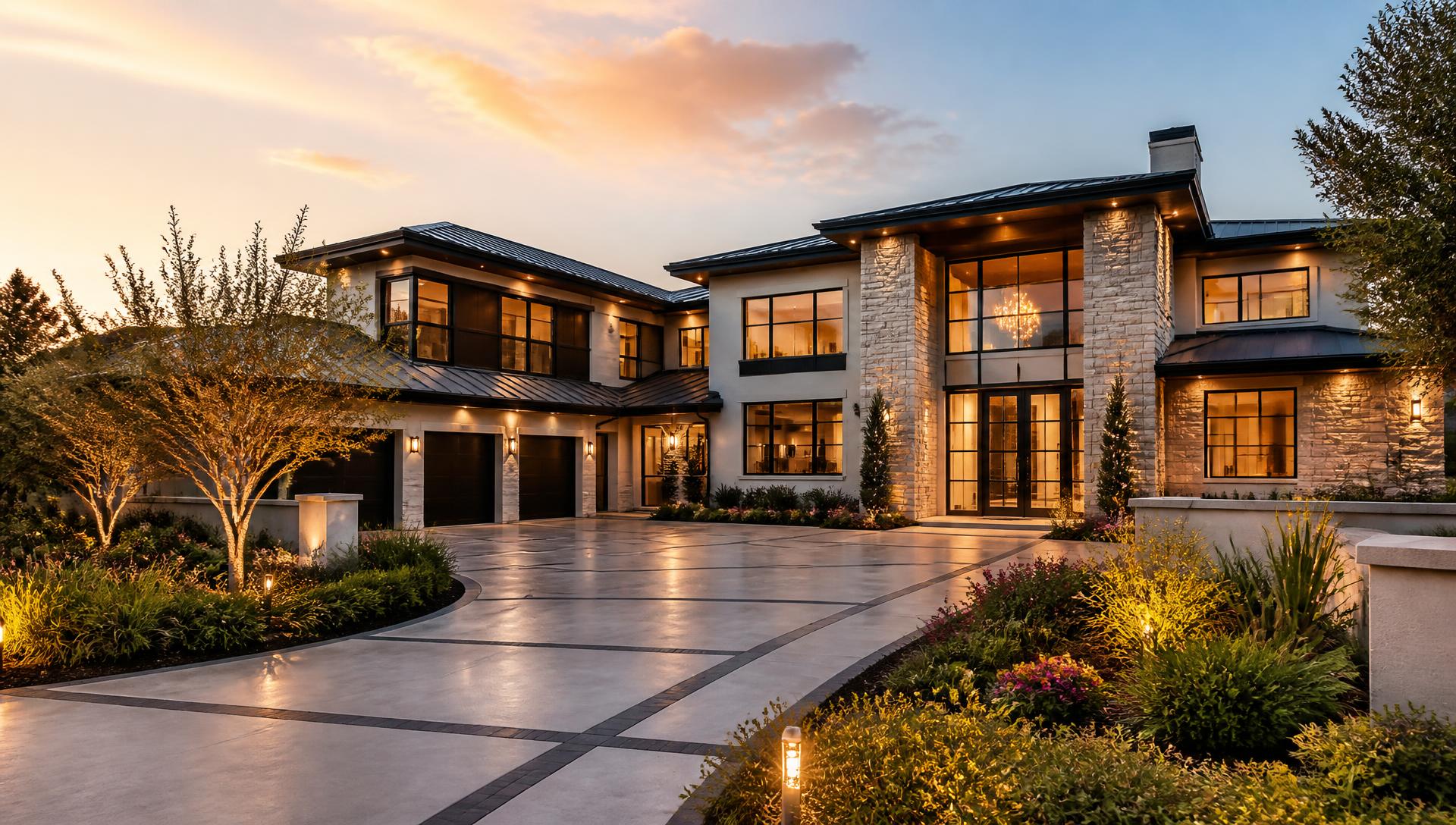 Luxury modern estate at sunset